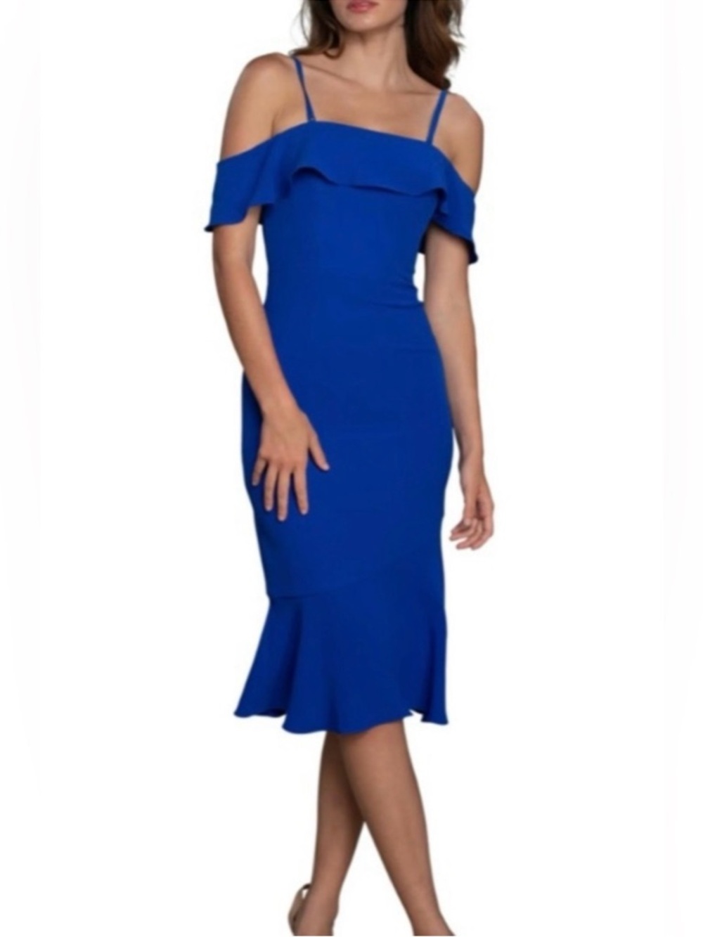 Dress the Population Cobalt Blue Off-Shoulder Ruffle Midi Dress